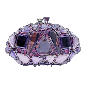 Elegant purple crystal evening clutch bag with sparkling oval hollow design and chain strap