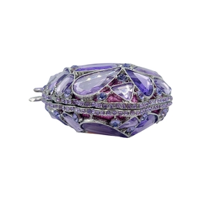 Faberge-style purple crystal egg-shaped clutch bag with silver metal diamond frame