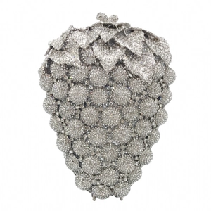 Grape-shaped evening clutch bag with sparkling crystals and metal leaf clasp closure