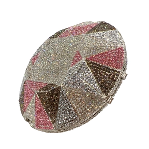 Luxury oval crystal clutch bag with geometric rhinestone patterns in pink and brown