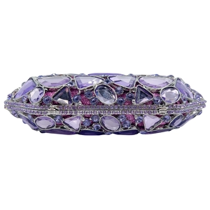 Luxury oval purple evening clutch bag with sparkling crystals and chain strap