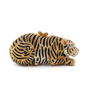 Luxury tiger-shaped crystal clutch bag with gold and black rhinestones and butterfly clasp