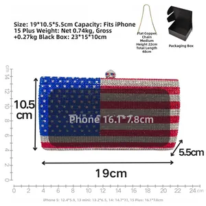 Detailed view of the American flag rhinestone clutch dimensions and internal storage capacity