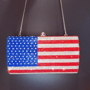 Rectangle clutch bag with US flag rhinestone pattern and silver chain for parties