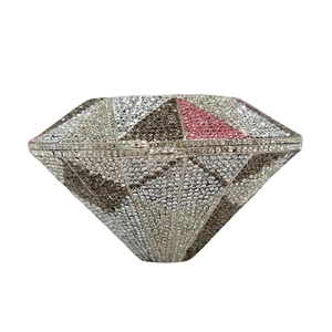 Diamond-shaped evening clutch bag encrusted with white, pink, and brown crystals