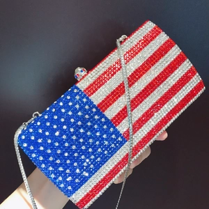 Elegant American flag rhinestone evening clutch bag with silver chain strap for parties