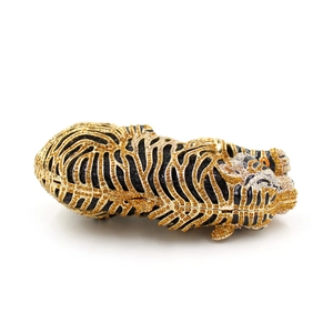 Exquisite tiger shaped evening clutch bag fully embellished with sparkling rhinestones