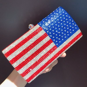 Detailed close-up of a sparkling American flag rhinestone clutch bag for evening parties