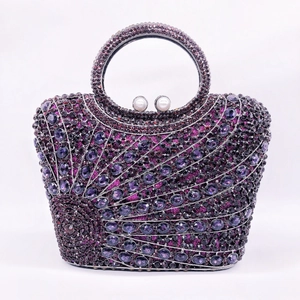 Elegant purple rhinestone evening clutch with crystal top handle and pearl clasp detail