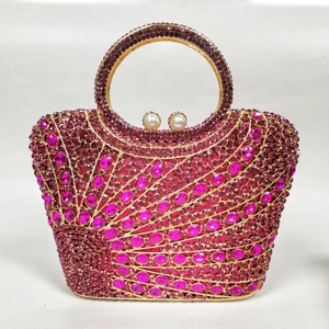 Luxury rose red rhinestone clutch with golden round handle and pearl clasp detail