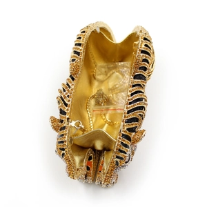 Golden tiger head evening clutch bag with black crystal rhinestones and chain strap