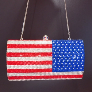 Macro detail of the sparkling American flag rhinestone pattern on this rectangular evening bag