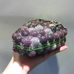 Luxurious grape-shaped evening clutch bag with purple and green crystal rhinestones