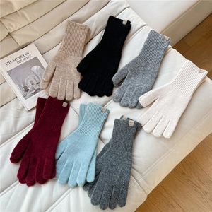 Women's Winter Knitted Warm Gloves Solid Color Touchscreen Windproof Cycling Outdoor Divided Finger Gloves With Leather Tag