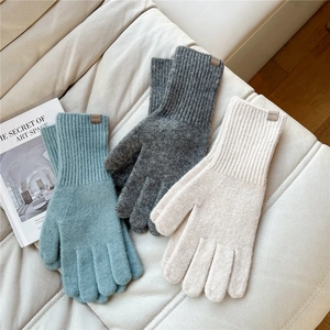 Winter knitted touch screen gloves for women in blue, dark grey, and beige solid colors