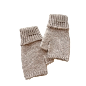Oatmeal knit fingerless gloves for women with cozy fold-over cuffs and logo patch