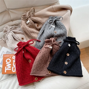 Knitted drawstring neck warmer with wooden buttons in six stylish winter colors