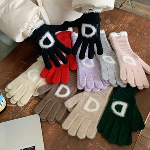 Gants en tricot d'hiver tactiles pour femme avec lettre D en peluche et poignet thermique
