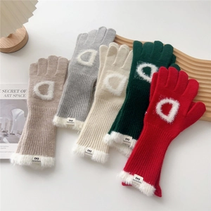 Gants Tricotés D'hiver Femmes Écran Tactile Chaud Bordure Fausse Fourrure Lettre D Décor Cyclisme Style Coréen