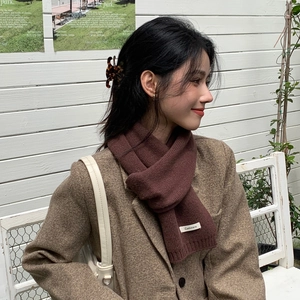 Close-up of tan ribbed knit scarf with cashmere label worn with a wool blazer