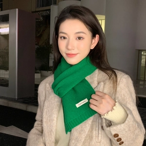 Detail of green knit scarf with Cashmere label paired with a beige tweed coat