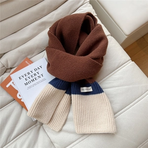 Close-up of tricolor chunky knit scarf showing premium wool texture and brand label detail
