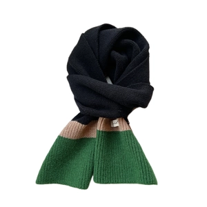 Three-color knit scarf in blue beige and green with a heavy ribbed texture