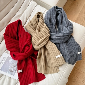 Women 100% Wool Knitted Scarf Winter Warm Soft Ribbed Long Scarf Minimalist Solid Color Neck Warmer Shawl Accessory