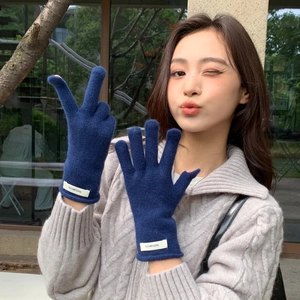 Detail of wool knit gloves with white 100% WOOL label on wrist cuff in navy blue