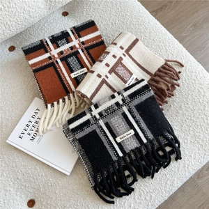 Winter striped knit scarf with fringes and fashion plaid patterns for cold weather