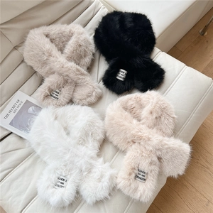 Plush faux fur cross muffler scarves in black, white, khaki and pink colors for winter