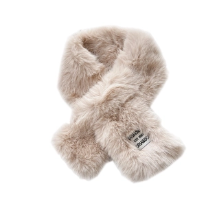 Cross-style beige faux fur neck warmer scarf with fluffy plush texture for autumn and winter