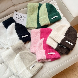 Color Block Knit Scarf And Hat Warm Soft Plush Mohair Like Winter Neck Warmer Beanie Korean Style Women Men