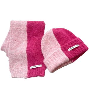 Pink and magenta color-block knit scarf and beanie set with fluffy textured mohair wool