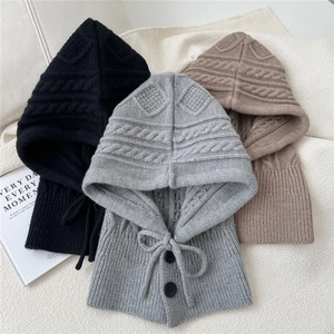 Winter Balaclava hooded scarf in black, gray and coffee with knitted cable pattern