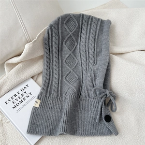 Close-up of grey cable-knit balaclava scarf with black buttons and ribbing detail