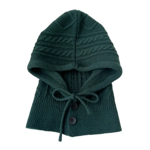 Dark green knitted balaclava scarf with twist pattern and button detail for women
