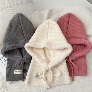 Three-color knitted balaclava set with plush lining and drawstring closure in winter style