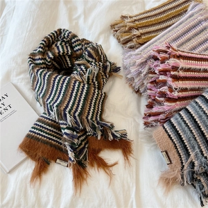 Winter Warm Striped Knitted Scarf For Women Men Soft Wool Blend Tassel Scarf Korean Style Retro Color Block Neck Warmer Gift