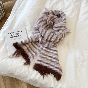 Detail of striped knitted scarf with wool texture and retro color block design