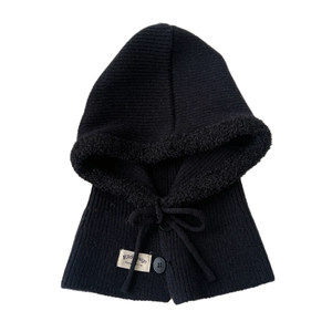 Black knitted balaclava hoodie with thick fleece lining and adjustable drawstrings