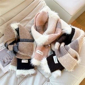 Chunky striped knit scarves with faux fur trim in brown, pink, and grey colorways