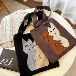 Sacs cabas mignons en tricot avec motifs de chats en noir et marron pour femme