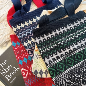 Macro detail of knit jacquard tote bags showing geometric patterns and soft yarn texture