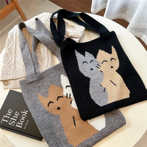 Sac fourre-tout tricoté avec motif chat mignon en noir et gris pour femmes chic