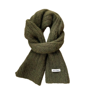 Solid moss green ribbed knit winter scarf for men and women featuring a woven brand tag