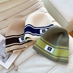 Striped Knit Beanie Hat For Men Women Autumn Winter Warm Outdoor Cycling Pullover Cold Cap With Patch Label Beanie
