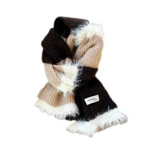 Striped knit scarf with fur trim in brown and beige, handmade fashion winter neck warmer