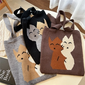 Sac Fourre-Tout En Tricot Avec Motif Chat De Dessin Animé Grand Sac À Main Bandoulière Kawaii Mignon Pour Femmes École Quotidien
