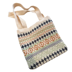 Knitted shoulder tote bag featuring retro geometric patterns and large capacity